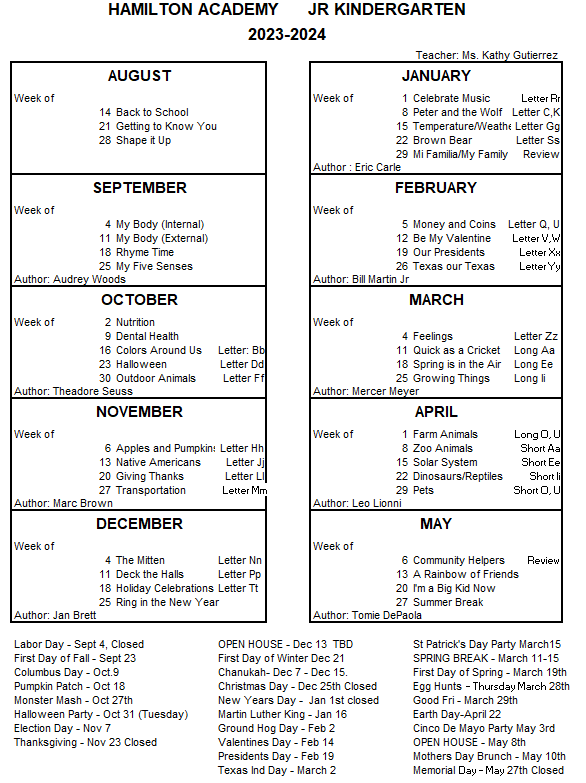 PREK Farmers Branch    Private PREK  Jk Calendare